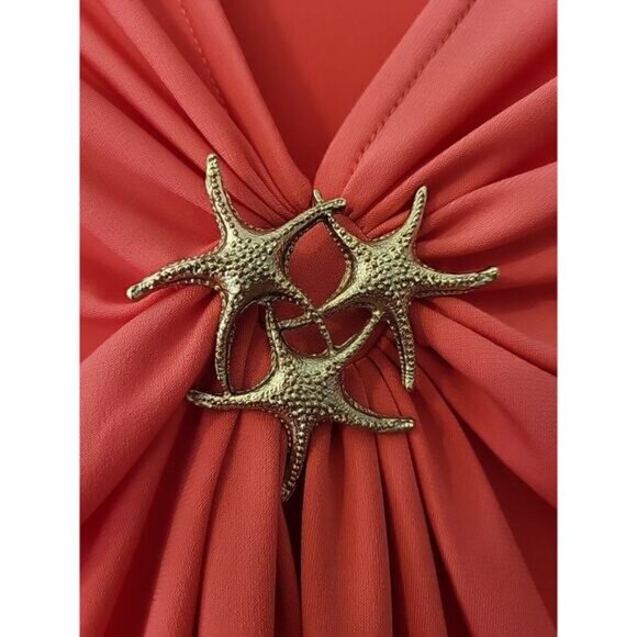 Boston Proper Top Womens M Orange Knit Blouse Star Fish Brooch V-Neck 3/4 Sleeve - Picture 3 of 8